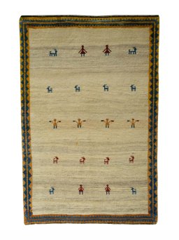 Full view of 2000s Persian Gabbeh rug from Iran / Persia, 187 × 127 cm in Beige tones