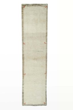 Full view of New Persian Gabbeh rug from Iran / Persia, 279 × 70 cm in Beige tones