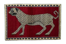 Full view of 2000s Persian Gabbeh rug from Iran / Persia, 159 × 103 cm in Red tones