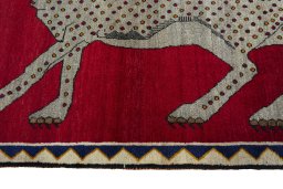 Close-up detail of 2000s Persian Gabbeh rug from Iran / Persia showing Wool weave