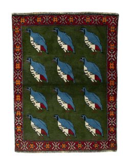 Full view of 2000s Persian Gabbeh rug from Iran / Persia, 145 × 111 cm in Green tones