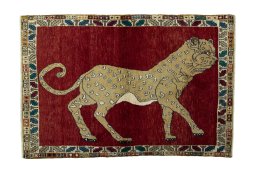 Full view of 2000s Persian Gabbeh rug from Iran / Persia, 167 × 114 cm in Red tones