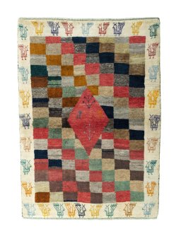 Full view of 2000s Persian Gabbeh rug from Iran / Persia, 151 × 112 cm in Multi Color tones