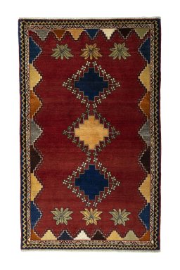 Full view of 2000s Persian Gabbeh rug from Iran / Persia, 182 × 112 cm in Red tones