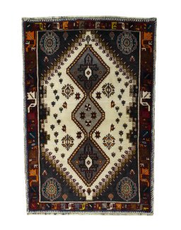 Full view of 2000s Persian Gabbeh rug from Iran / Persia, 164 × 110 cm in Beige tones