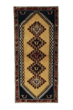 Full view of 2000s Persian Gabbeh rug from Iran / Persia, 200 × 92 cm in Yellow tones