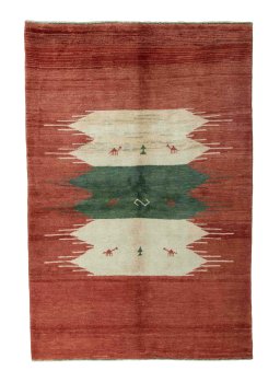 Full view of 2000s Persian Gabbeh rug from Iran / Persia, 258 × 174 cm in Red tones