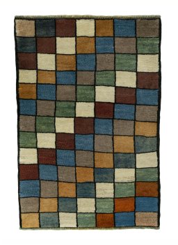 Full view of 2000s Persian Gabbeh rug from Iran / Persia, 119 × 80 cm in Multi Color tones