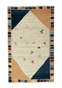Full view of 2000s Persian Gabbeh rug from Iran / Persia, 142 × 86 cm in Beige tones