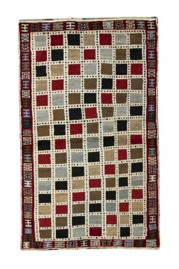 Full view of 2000s Persian Gabbeh rug from Iran / Persia, 176 × 107 cm in Multi Color tones