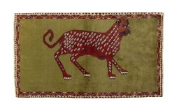 Full view of 2000s Persian Gabbeh rug from Iran / Persia, 187 × 110 cm in Green tones