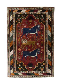 Full view of 2000s Persian Gabbeh rug from Iran / Persia, 191 × 129 cm in Red tones