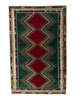 Full view of 2000s Persian Gabbeh rug from Iran / Persia, 218 × 142 cm in Multi Color tones