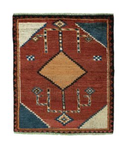 Full view of 1950s Persian Gabbeh rug from Iran / Persia, 112 × 96 cm in Red tones