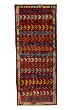 Full view of 2000s Persian Gabbeh rug from Iran / Persia, 186 × 77 cm in Red tones