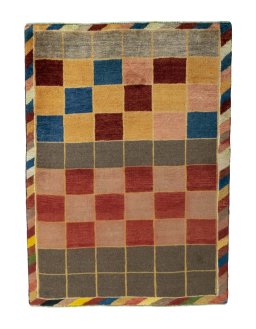 Full view of 2000s Persian Gabbeh rug from Iran / Persia, 135 × 100 cm in Multi Color tones