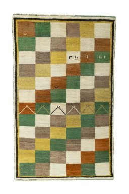 Full view of 2000s Persian Gabbeh rug from Iran / Persia, 193 × 120 cm in Multi Color tones