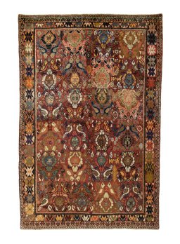 Full view of 2000s Persian Gabbeh rug from Iran / Persia, 240 × 160 cm in Red tones