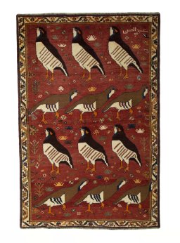 Full view of 1970s Persian Gabbeh rug from Iran / Persia, 186 × 123 cm in Red tones