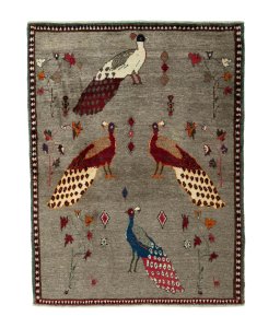 Full view of 2000s Persian Gabbeh rug from Iran / Persia, 161 × 124 cm in Gray tones
