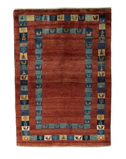 Full view of New Persian Gabbeh rug from Iran / Persia, 188 × 134 cm in Red tones