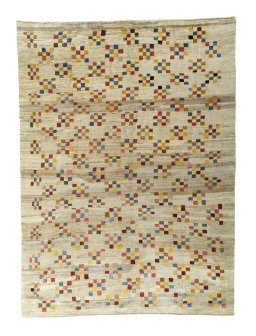 Full view of 1970s Persian Gabbeh rug from Iran / Persia, 373 × 275 cm in Beige tones