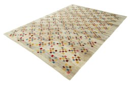 Corner detail of 1970s Persian Gabbeh rug showing border pattern and Wool pile
