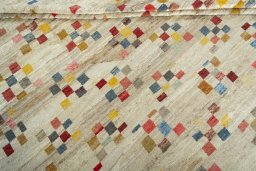 Full view of 1970s Persian Gabbeh rug from Iran / Persia, 373 × 275 cm in Beige tones