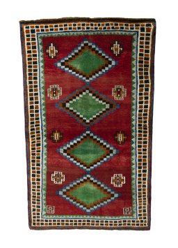 Full view of 2000s Persian Gabbeh rug from Iran / Persia, 198 × 124 cm in Red tones