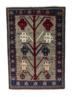 Full view of 2000s Persian Gabbeh rug from Iran / Persia, 155 × 109 cm in Gray tones