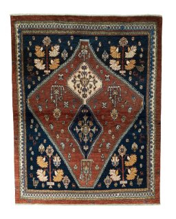 Full view of 2000s Persian Gabbeh rug from Iran / Persia, 195 × 153 cm in Red tones
