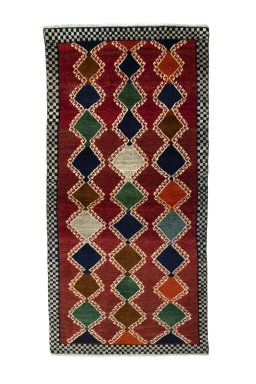 Full view of 2000s Persian Gabbeh rug from Iran / Persia, 178 × 88 cm in Red tones