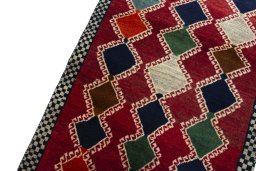 Backside of handmade 2000s Persian Gabbeh rug showing knot structure and weave density