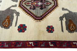 Full view of 2000s Persian Gabbeh rug from Iran / Persia, 194 × 123 cm in Beige tones