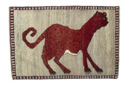 Full view of 2000s Persian Gabbeh rug from Iran / Persia, 122 × 82 cm in Beige tones