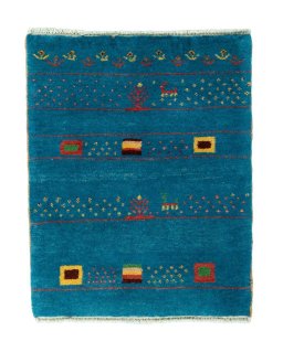 Full view of 2000s Persian Gabbeh rug from Iran / Persia, 88 × 70 cm in Multi Color tones
