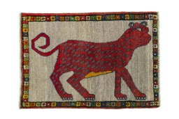 Full view of 2000s Persian Gabbeh rug from Iran / Persia, 86 × 60 cm in Multi Color tones