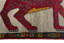 Close-up detail of 2000s Persian Gabbeh rug from Iran / Persia showing Wool weave