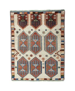 Full view of 2000s Persian Gabbeh rug from Iran / Persia, 93 × 73 cm in Multi Color tones