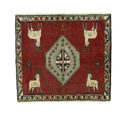 Full view of 2000s Persian Gabbeh rug from Iran / Persia, 59 × 65 cm in Red tones