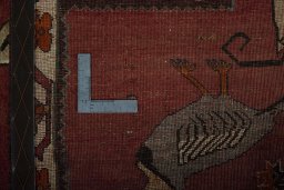 Close-up detail of 2000s Persian Gabbeh rug from Iran / Persia showing Wool weave