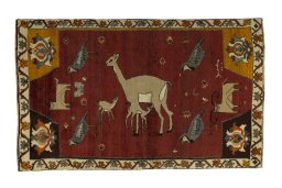 Full view of 2000s Persian Gabbeh rug from Iran / Persia, 200 × 123 cm in Red tones