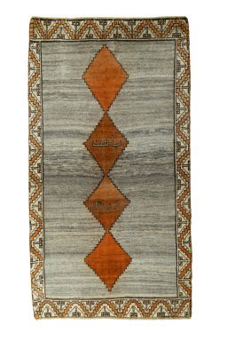 Full view of 2000s Persian Gabbeh rug from Iran / Persia, 196 × 107 cm in Beige tones