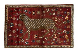 Full view of 2000s Persian Gabbeh rug from Iran / Persia, 192 × 122 cm in Red tones