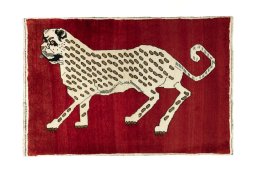 Full view of 2000s Persian Gabbeh rug from Iran / Persia, 149 × 102 cm in Red tones