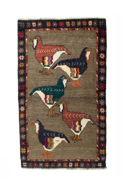 Full view of 2000s Persian Gabbeh rug from Iran / Persia, 143 × 85 cm in Beige tones