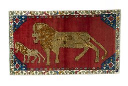 Full view of 2000s Persian Gabbeh rug from Iran / Persia, 201 × 117 cm in Red tones