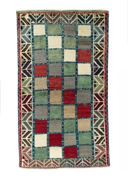 Full view of 2000s Persian Gabbeh rug from Iran / Persia, 183 × 107 cm in Multi Color tones