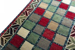 Backside of handmade 2000s Persian Gabbeh rug showing knot structure and weave density