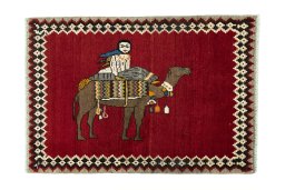 Full view of 2000s Persian Gabbeh rug from Iran / Persia, 120 × 85 cm in Red tones